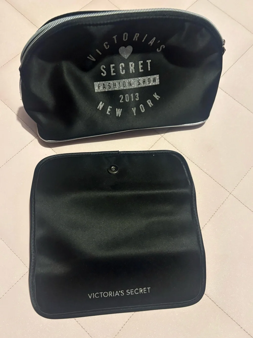 Victoria's Secret Black Cosmetic Pouch with Pink Striped Interior & Brush Trio